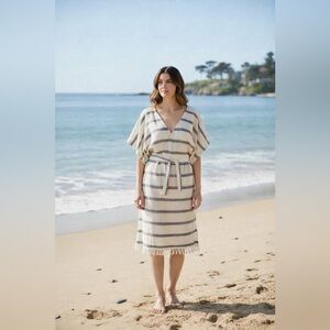 Turkish Gray and White Striped Beach Cover Up